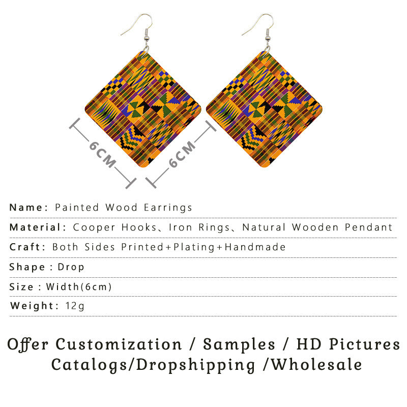 African Wooden Bohemian Square Earrings